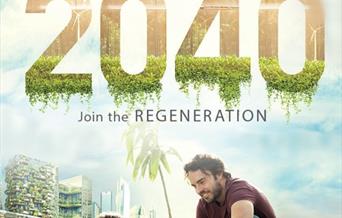 2040 with greenery growing at the bottom of the numbers and a man and child with a tree sapling