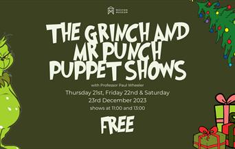 Green poster advertising The Grinch puppet shows