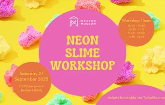 rectangular image with yellow background with lumps of coloured slime in the background. information included on the image is the event name, workshop