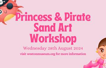 Pink poster with a image of a pirate crab and a princess.  Poster is a pink colour with bright pink writing, detailing the events.