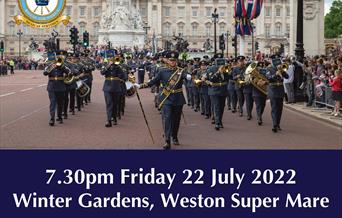 Poster with bandsmen marching in front of Buckingham Palace