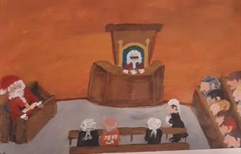 Cartoon image of Santa in a court room with The people.