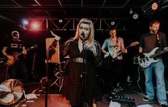 Image shows four piece band upon stage, highlighting the lead singer.