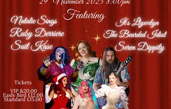 This is a poster for a cabaret show, featuring local cabaret performers coming out of a gold Christmas cracker.
