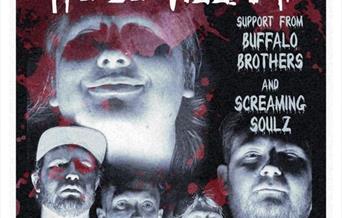 text reads "we be villains", shadows of band members with fake blood splotches