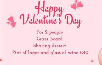 Valentines Day - pink poster with red love hearts, detailing Valentine's Day menu offer.