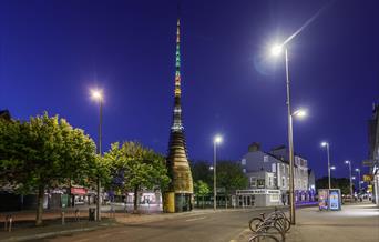 Weston-super-Mare's Silica tower, or Carrot, as it is known locally lit up at night