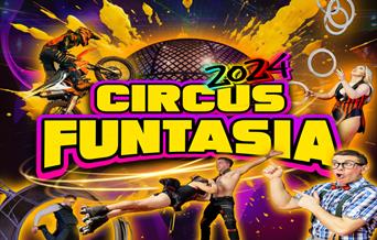 Circus Funtasia poster with circus acts performing in bright yellows and purples.