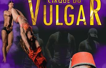 Cirque du Vulgar poster of words and acrobats flying through the air.