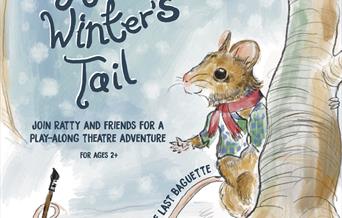 Winters tail - painting of a little mouse stood by a tree with snow falling.
