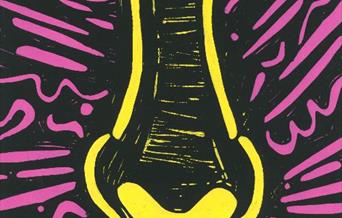 My fathers nose image in bright pink and yellow drawing.