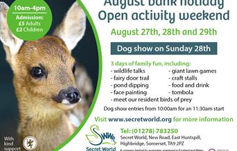 Secret World Wildlife Rescue August open weekend poster with image of a baby deer