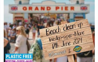 Wood Beach Clean placard in front of Grand Pier entrance