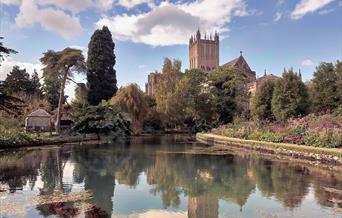 A lake with pretty floral borders and trees in the foreground with Wells Cathedral in the background