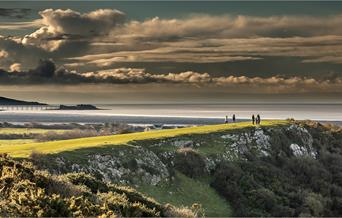 landscape showing cliffs, field, sea under a dramatic sky