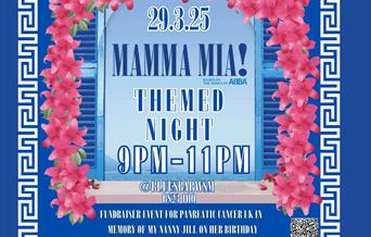 Flyer in blue and white with a pink garland surround advertising a Mamma Mia themed night at the Blues Bar, Weston-super-Mare