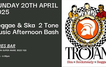 A black and white flyer with a cartoon style graphic advertising a Reggae & Ska 2Tone music afternoon at the Blues Bar, Weston-super-Mare