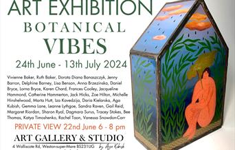 Exhibition poster with information about the event and a glass house painted with bright colours.