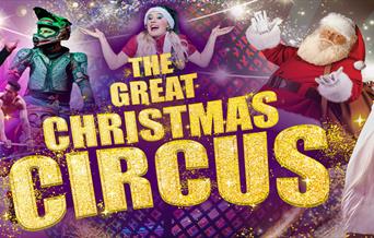 A collage of multiple circus actors and Santa