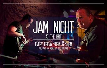A poster featuring two musicians advertising the weekly jam nights at the Brit Bar in Weston-super-Mare