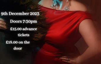 Seren Dippity is in a red dress and big jewellery looking fabulous at the camera, enticing you to come to her show.