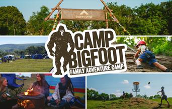 Five photo collage with Camp Bigfoot logo. Includes photos of child rock climbing, family playing frisbee golf, three young girls sat round campfire,
