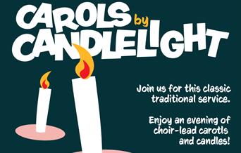 Poster depicting an artistic impression of two white candles burning with a flame advertising a carols by candlelight event