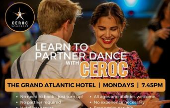 A man and a lady facing each other and dancing together. The lady has a big smile on her face. Text on the image says 'Learn to Partner Dance with Cer