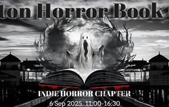 A darkened pier at night.  In the foreground a ghost rises from the pages of a book - the words Indie Horror Chapter are visible beneath.  At the top