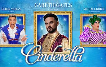 Three photos of panto stars in individual photo frames to advertise the Cinderella Pantomime starring Gareth Gates at the Weston-super-Mare Playhouse