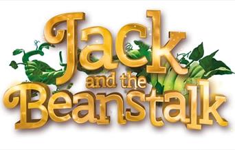 A poster written in gold featuring the words Jack and The Beanstalk to advertise a pantomime in Clevedon