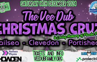 Largely purple poster advertising the Christmas Vee Dub Cruz for VW vehicles decorated in Christmas lights driving around Clevedon, Portishead and Nai