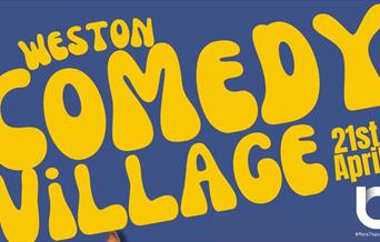 Blue and yellow flyer for the Weston Comedy Village