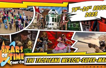 Colourful poster with sand man, daleks and crowds