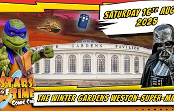 Picture of the Winter Gardens Pavilion Weston-super-Mare with two comic-con characters