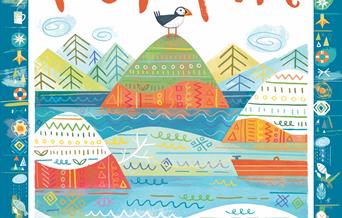 Much Ado About Puffin artwork.  Lone Puffin sat on a hill.