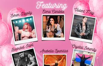 A pink poster with Polaroid images of the performers performing at the Seren Dippity Valentine Cabaret