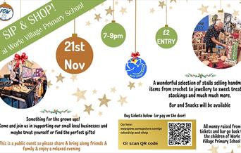Poster for Worle Village Primary School's 'Sip & Shop' event on 21st November, 7–9pm. Entry £2. Includes photos of stallholders and a QR code to buy t
