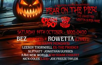 Poster with Fear on the Pier event details and a image of a pumpkin that has been carved.