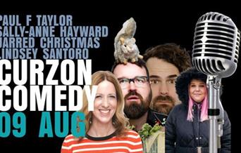 A picture of four comedians and a squirrel advertising a night of comedy at Clevedon's Curzon Cinema