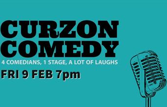 Flyer featuring an old-style microphone advertising Curzon Comedy night