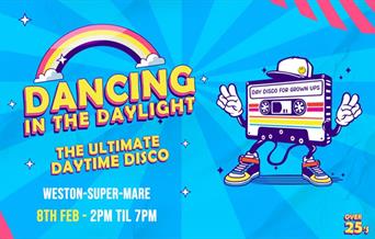 Poster advertising a day-time disco featuring a cartoon person with the body of an old style tape cassette