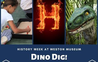 Poster with child digging in sand tray, H for History in flames and a dinosaur