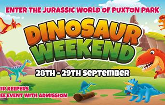 Cartoon style poster featuring dinosaurs to advertise a dinosaur weekend