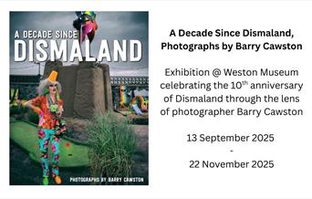 A half an half flyer featuring a picture of Banksy's Dismaland in Weston-super-Mare on one half and on the other half, words advertising an exhibition