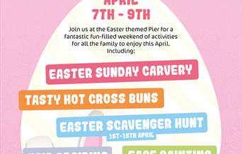 Pink flyer advertising Easter events on the Grand Pier