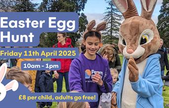 Photo of Easter bunny in the Penny Brohn UK garden with words reading 'Easter Egg Hunt. Friday 11th April 2025. 10am-1pm. £8 per child, adults go free