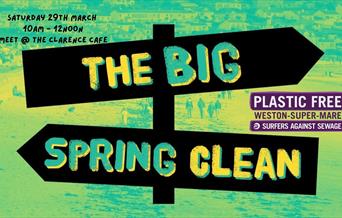 A signpost with the words The Big on one "finger" and Spring Clean on the other.  On the right of the picture is the logo for Plastic-free Weston-supe