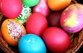 Coloured painted hard-boiled eggs for Easter