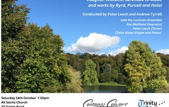 A lake, trees and blue sky picture topped with words to advertise an English Serenade